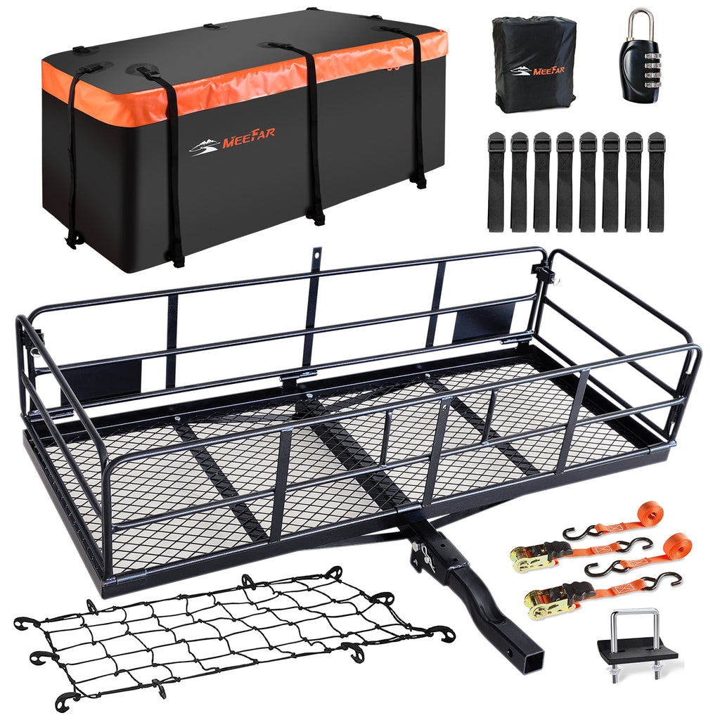 MeeFar High Rail Trailer Folding Hitch Mount Cargo Carrier Basket 60" X 24" X 14"+Waterproof Cargo Bag 20 Cu.ft(59" 24" 24"), Capacity of 500 Lbs with Hitch Stabilizer, Net, Lock and Straps