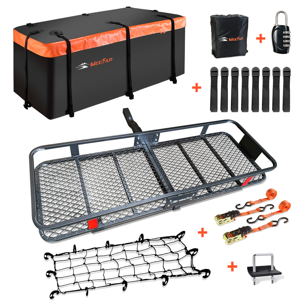 MeeFar Folding Hitch Mount Rack 60” x 20" x 6''Cargo Carrier Basket & 16 Cubic Feet Waterproof Cargo Storage Bag Fit All Car SUV Truck Picup with 2" Trailer Hitch Receiver