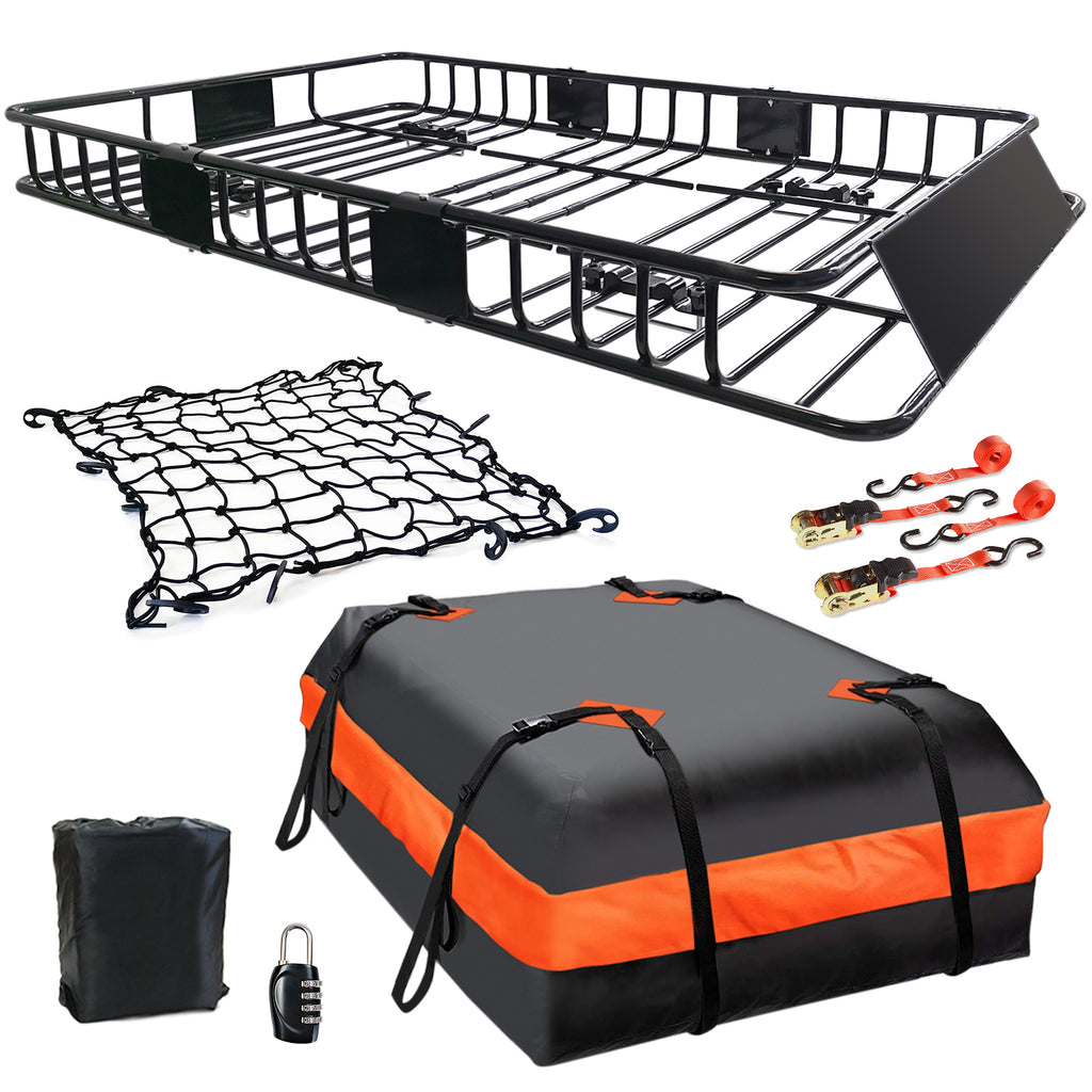 MeeFar Roof Rack Carrier Basket Universal Rooftop 65" X 39" X 6" Large Size Roof Rack + Waterproof Bag 15 Cubic Feet (44" 34" 17"), and Cargo Net with Attachment Hooks, Ratchet Straps
