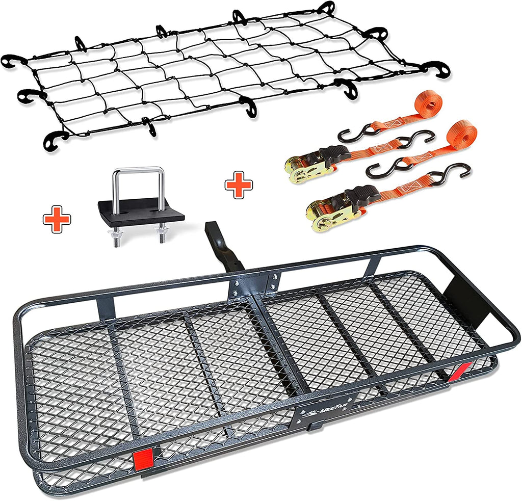 (Pre-own) MeeFar Folding Hitch Mount Cargo Carrier Basket 60" X 20" X 6", Hauling Weight Capacity of 500 Lbs and A Folding Arm. with Hitch Stabilizer, Net and Straps