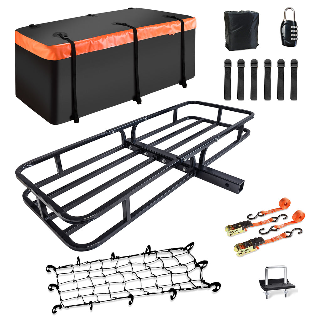 MeeFar Hitch Mount Cargo Carrier Basket 53" x19" x 5"+Waterproof Cargo Bag 15 Cubic Feet(51" x17"x 18"),Hauling Weight Capacity of 500 Lbs fit on 2 Inch Receiver with Hitch Stabilizer,Net and Straps